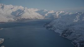 4K aerial stock footage Harriman Fjord bordered by snow covered Chugach Mountains, Alaska Aerial Stock Footage | AK0001_1785