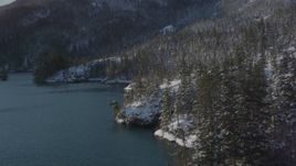 4K aerial stock footage flying along snowy, wooded shore, Port Wells, Alaska Aerial Stock Footage | AK0001_1834