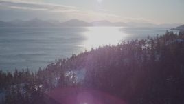 4K aerial stock footage fly over snowy, wooded shore, sun reflecting off water, Port Wells, Alaska Aerial Stock Footage | AK0001_1837