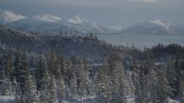4K aerial stock footage flying over snowy, wooded hills along shore of Port Wells, Alaska Aerial Stock Footage | AK0001_1848