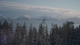 4K aerial stock footage fly over snowy, wooded shore revealing Chugach Mountains, Port Wells, Alaska Aerial Stock Footage | AK0001_1850