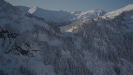 4K aerial stock footage approaching snow covered forested summit in Chugach Mountains, Alaska Aerial Stock Footage | AK0001_1888