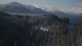 4K aerial stock footage flying between snow covered wooded slopes, revealing Passage Canal, Alaska Aerial Stock Footage | AK0001_1900