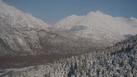 4K aerial stock footage flying over snowy, forested slopes in the Chugach Mountains, Alaska Aerial Stock Footage | AK0001_1927