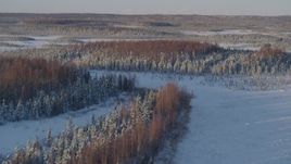 4K aerial stock footage flying over snowy clearings and forest in Point MacKenzie, Alaska Aerial Stock Footage | AK0001_2041