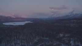 4K aerial stock footage snowy Matanuska River Valley, Chugach Mountains, Alaska, twilight Aerial Stock Footage | AK0001_2106
