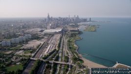 4.8K aerial stock footage  following Highway 41 toward McCormick Place and Downtown Chicago, Illinois Aerial Stock Footage | AX0001_017