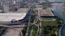 4.8K aerial stock footage tilt from Highway 41, reveal downtown skyline, McCormick Place, Soldier Field, Chicago, Illinois Aerial Stock Footage | AX0001_018