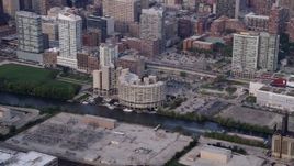 4.8K aerial stock footage of the River City condo complex by the Chicago River, on a hazy day, Illinois Aerial Stock Footage | AX0001_072