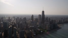 4.8K aerial stock footage of skyscrapers seen from Lake Michigan, Downtown Chicago, Illinois Aerial Stock Footage | AX0001_092