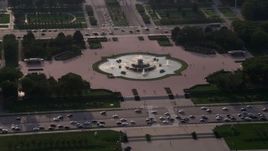 4.8K aerial stock footage of boats on Lake Michigan, revealing Buckingham Fountain in Grant Park, Downtown Chicago, Illinois Aerial Stock Footage | AX0001_096
