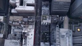 4.8K aerial stock footage of Bird's eye view of following N State Street through downtown past skyscrapers, Downtown Chicago, Illinois Aerial Stock Footage | AX0001_139