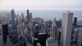 4.8K aerial stock footage of Trump Tower Chicago, John Hancock Center, Two Prudential Plaza, and Aon Center in Downtown Chicago, Illinois Aerial Stock Footage | AX0001_148
