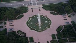 4.8K aerial stock footage view of Buckingham Fountain, Grant Park, Downtown Chicago, Illinois Aerial Stock Footage | AX0001_150