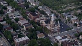 4.8K aerial stock footage flying away from St. Michael Catholic Church, Chicago, Illinois Aerial Stock Footage | AX0001_162