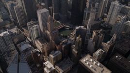 4.8K aerial stock footage bird's eye view of Downtown Chicago revealing Chicago River and Trump International Hotel and Tower, Illinois Aerial Stock Footage | AX0002_009