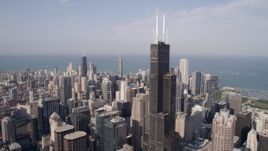 4.8K aerial stock footage flyby Willis Tower and downtown skyscrapers in Downtown Chicago, Illinois Aerial Stock Footage | AX0002_033