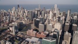 4.8K aerial stock footage flyby downtown skyscrapers and the Chicago River in Downtown Chicago, Illinois Aerial Stock Footage | AX0002_035