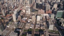 4.8K aerial stock footage tilt from freeway in West Chicago to reveal Downtown Chicago and the Chicago River, Illinois Aerial Stock Footage | AX0002_036