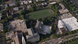 4.8K aerial stock footage of an orbit of St. Ignatius College Prep and football field, West Side Chicago, Illinois Aerial Stock Footage | AX0002_062