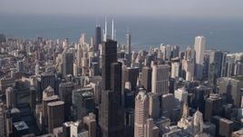 4.8K aerial stock footage approach Willis Tower and the Chicago cityscape, Downtown Chicago, Illinois Aerial Stock Footage | AX0002_066