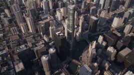 4.8K aerial stock footage of a bird's eye view of skyscrapers, reveal Chicago River and Trump Tower in Downtown Chicago, Illinois Aerial Stock Footage | AX0002_069