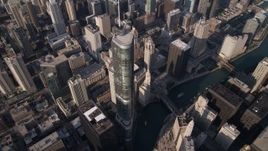 4.8K aerial stock footage bird's eye approach to Trump International Hotel and Tower and Chicago River, Downtown Chicago, Illinois Aerial Stock Footage | AX0002_070