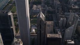 4.8K aerial stock footage approach top of Two Prudential Plaza in Downtown Chicago, Illinois Aerial Stock Footage | AX0002_078