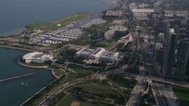 4.8K aerial stock footage approach Shedd Aquarium, Field Museum of Natural History, Soldier Field, Chicago, Illinois Aerial Stock Footage | AX0002_081