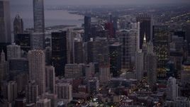4.8K aerial stock footage pan across the Downtown Chicago cityscape at twilight, Illinois Aerial Stock Footage | AX0003_093