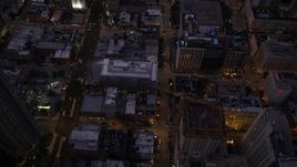 4.8K aerial stock footage bird's eye of N Clark Street and cross streets through Downtown Chicago, at twilight, Illinois Aerial Stock Footage | AX0003_109