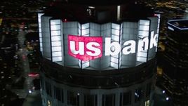 5K aerial stock footage orbit top of US Bank Tower at night in Downtown Los Angeles, California Aerial Stock Footage | AX0004_056