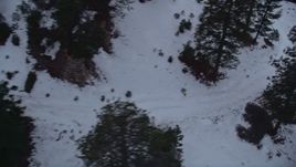 5K aerial stock footage pan across trees and snowy slopes at Mount Baldy Ski Lifts at twilight, California Aerial Stock Footage | AX0008_025E