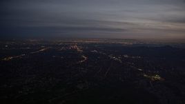 5K aerial stock footage of lights of San Gabriel Valley at twilight, California Aerial Stock Footage | AX0008_064
