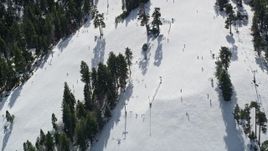 5K aerial stock footage orbit skiers on a steep slope with winter snow at the Snow Summit Ski Resort, California Aerial Stock Footage | AX0009_132