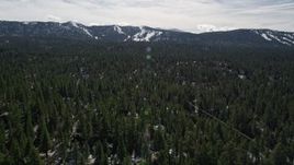 5K aerial stock footage of Snow Summit seen from homes and trees at Big Bear Lake in winter, California Aerial Stock Footage | AX0010_003