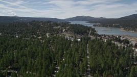 5K aerial stock footage fly over homes hidden by trees and tilt to reveal Big Bear Lake, California Aerial Stock Footage | AX0010_004E