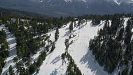 5K aerial stock footage fly over skiers on the slopes of Snow Summit in winter, California Aerial Stock Footage | AX0010_042E