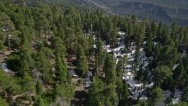 5K aerial stock footage fly over forest and mountains with patches of snow in the San Bernardino Mountains, California Aerial Stock Footage | AX0010_047
