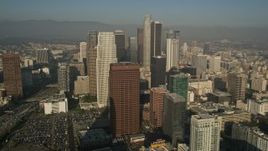 5K aerial stock footage of orbiting Ritz Carlton revealing skyscrapers, Downtown Los Angeles Aerial Stock Footage | AX0017_071E