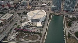 5K aerial  video orbit of American Airlines Arena on the waterfront of Downtown Miami, Florida Aerial Stock Footage | AX0021_095