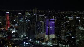 5K aerial stock footage approach Brickell World Plaza at night in Downtown Miami, Florida Aerial Stock Footage | AX0023_008E