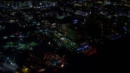 5K aerial stock footage of beachfront park and hotel at night in South Beach, Florida Aerial Stock Footage | AX0023_069