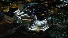 5K aerial stock footage approach Adrienne Arsht Center for the Performing Arts at night in Downtown Miami, Florida Aerial Stock Footage | AX0023_138E