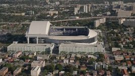 5K aerial stock footage of approaching Marlins Park Stadium, Miami, Florida Aerial Stock Footage | AX0024_028