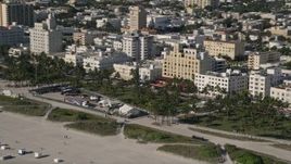 5K aerial stock footage of flying by maintenance base camp, South Beach, Miami Beach, Florida Aerial Stock Footage | AX0024_094