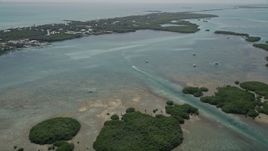 5K aerial stock footage of flying over mangroves, approaching fishing boats off shore, Islamorada, Florida Aerial Stock Footage | AX0025_114