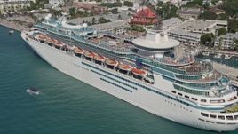 5K aerial stock footage approach and flyby a Royal Caribbean Cruise Ship, docked, Key West, Florida Aerial Stock Footage | AX0026_072E