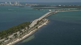 5K aerial stock footage of flying by bridge on Rickenbacker Causeway, Biscayne Bay, Florida Aerial Stock Footage | AX0031_019