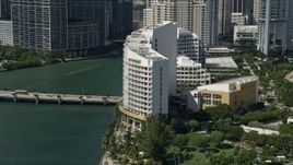 5K aerial stock footage of Mandarin Oriental on Brickell Key, Downtown Miami, Florida Aerial Stock Footage | AX0031_024